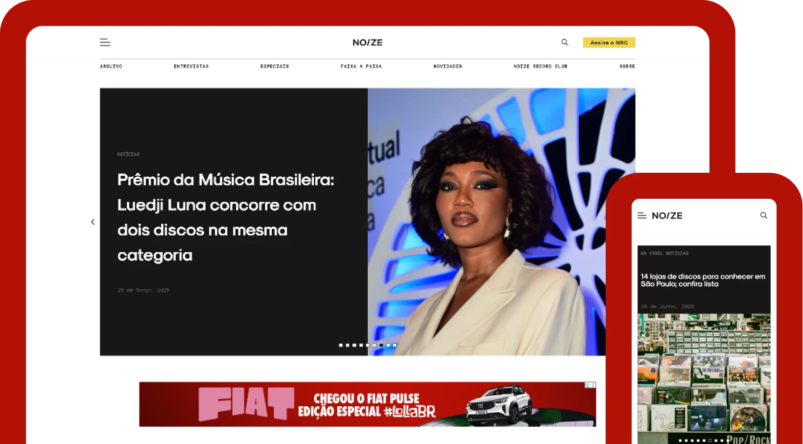 Mockup do portal Noize em tablet — editorial musical